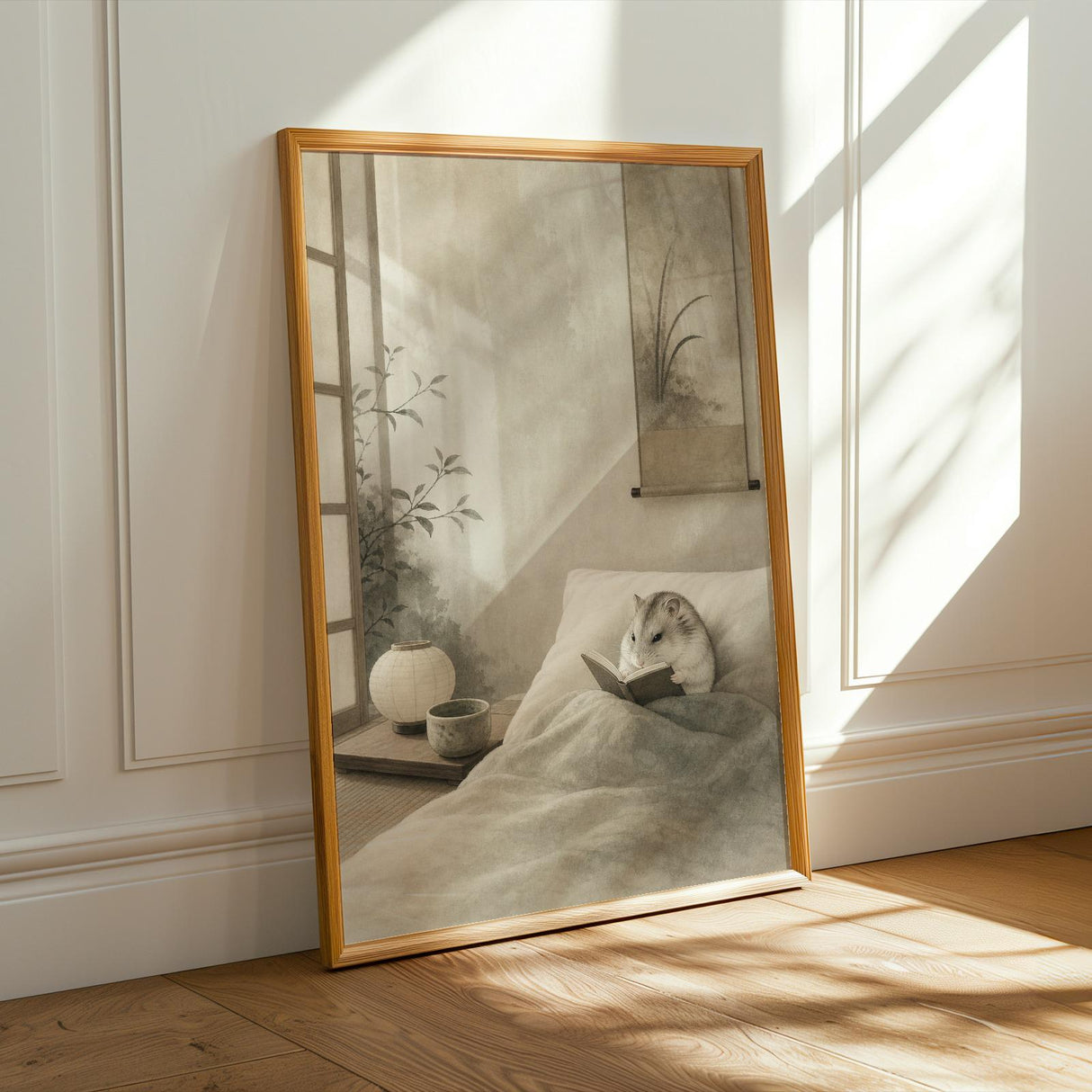 Pearl Dwarf Hamster Reading in Bed Poster | Japanese Zen Sumi-e Hamster Wall Art | Warm Ivory Fog Gray Decor | Minimalist Bedroom Print
