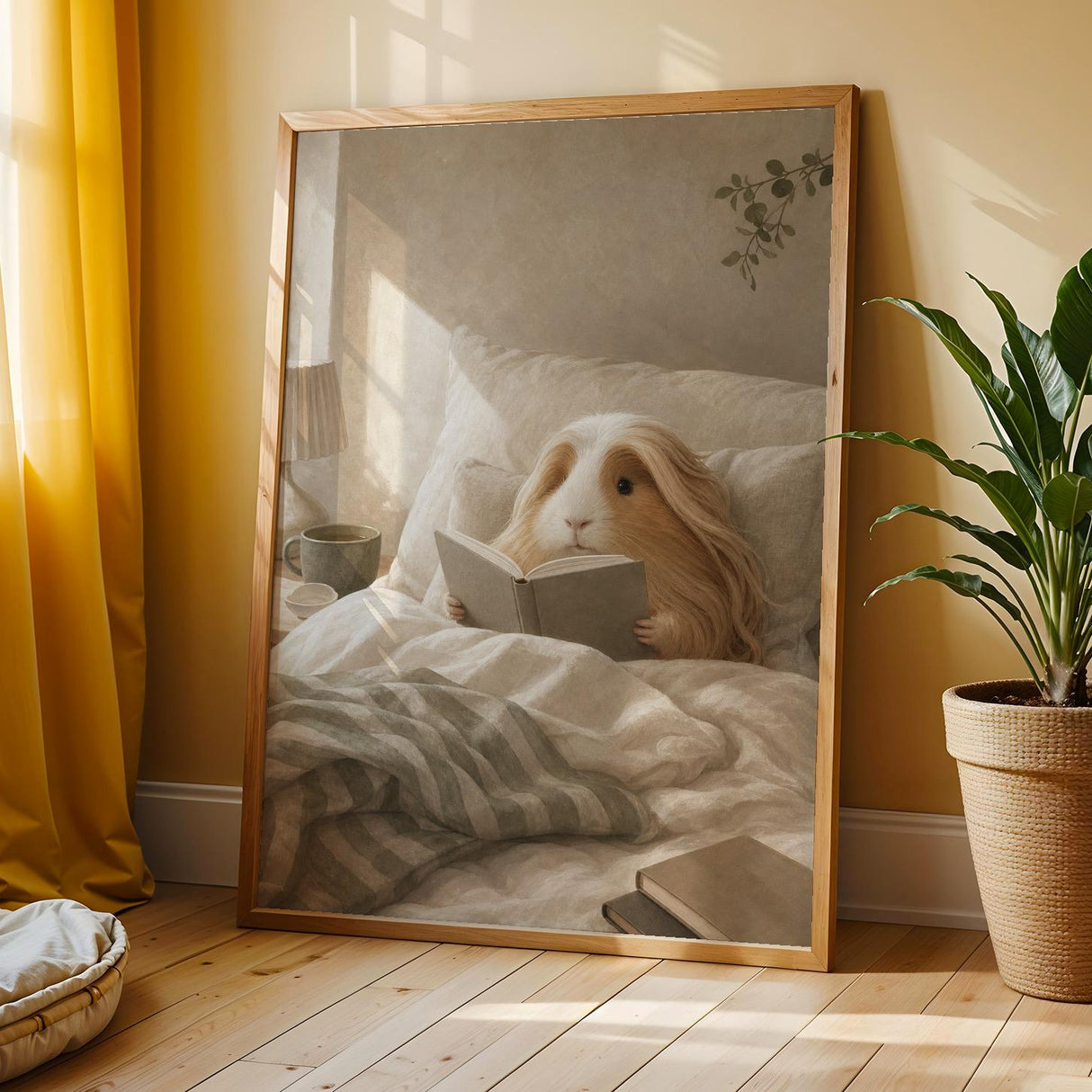 Peruvian Guinea Pig Reading in Bed Poster | Modern Soft Gouache Guinea Pig Wall Art | Warm Beige Oat Milk Decor | Cozy Bedroom Print