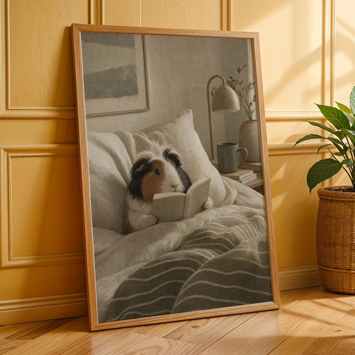 Coronet Guinea Pig Reading in Bed Poster | Scandinavian Gouache Guinea Pig Wall Art | Warm Beige Oat Milk Decor | Cozy Bedroom Print
