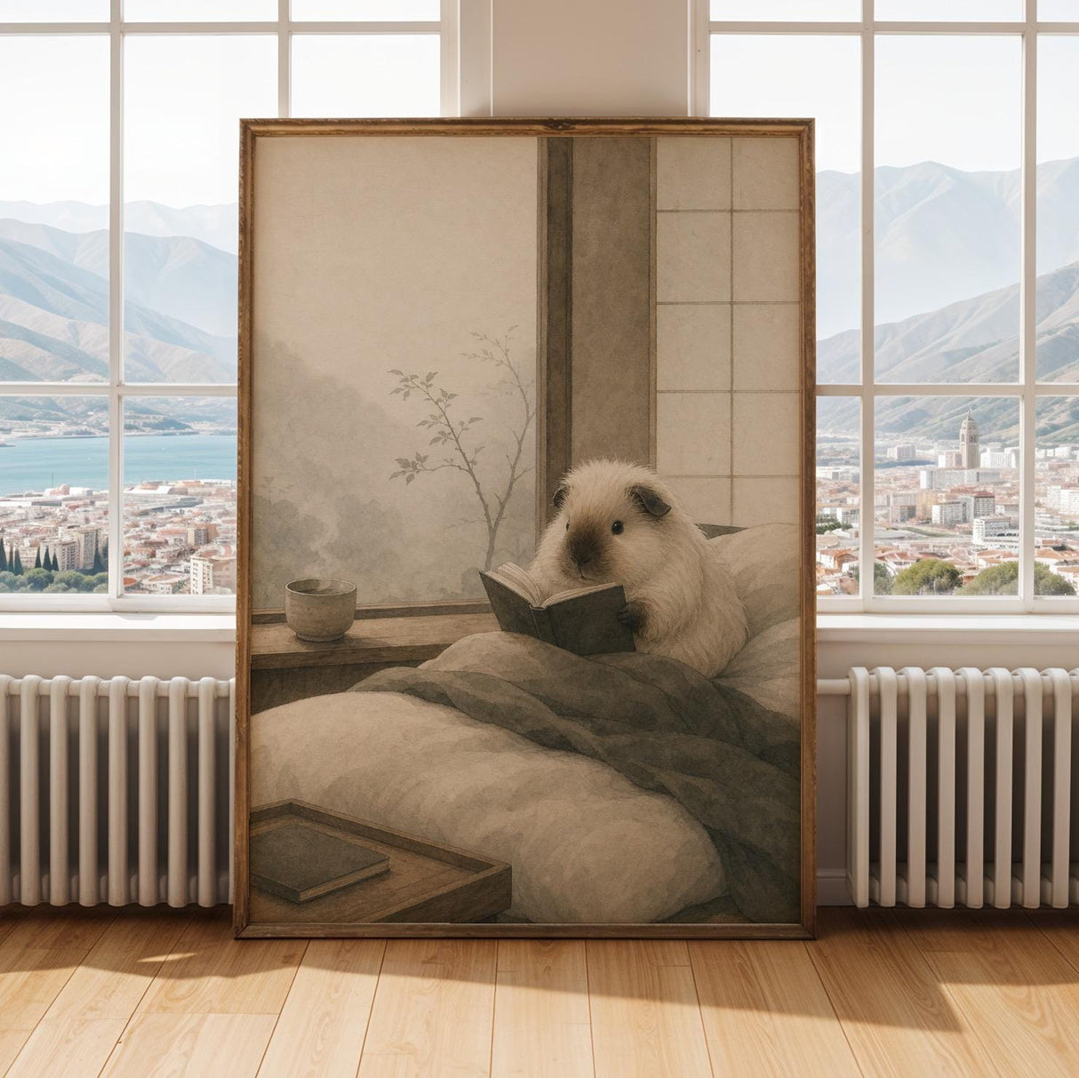 Himalayan Guinea Pig Reading in Bed Poster | Japanese Zen Sumi-e Guinea Pig Wall Art | Warm Ivory Fog Gray Decor | Minimalist Bedroom Print