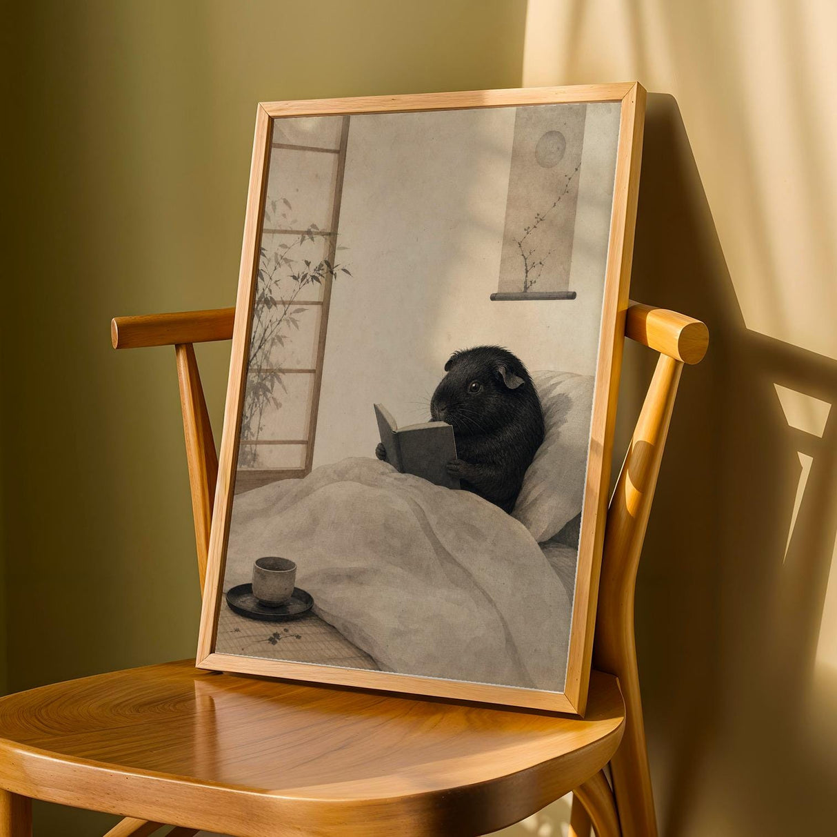 Black Guinea Pig Reading in Bed Poster | Japanese Zen Sumi-e Guinea Pig Wall Art | Warm Ivory Fog Gray Decor | Minimalist Bedroom Print