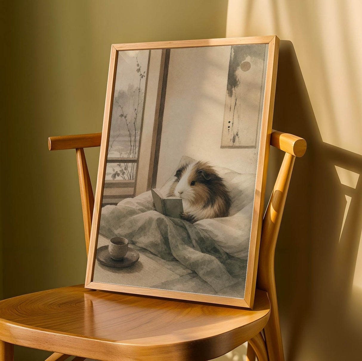 Sheltie Guinea Pig Reading in Bed Poster | Japanese Zen Ink Wash Guinea Pig Wall Art | Warm Ivory Fog Gray Decor | Living Room Print