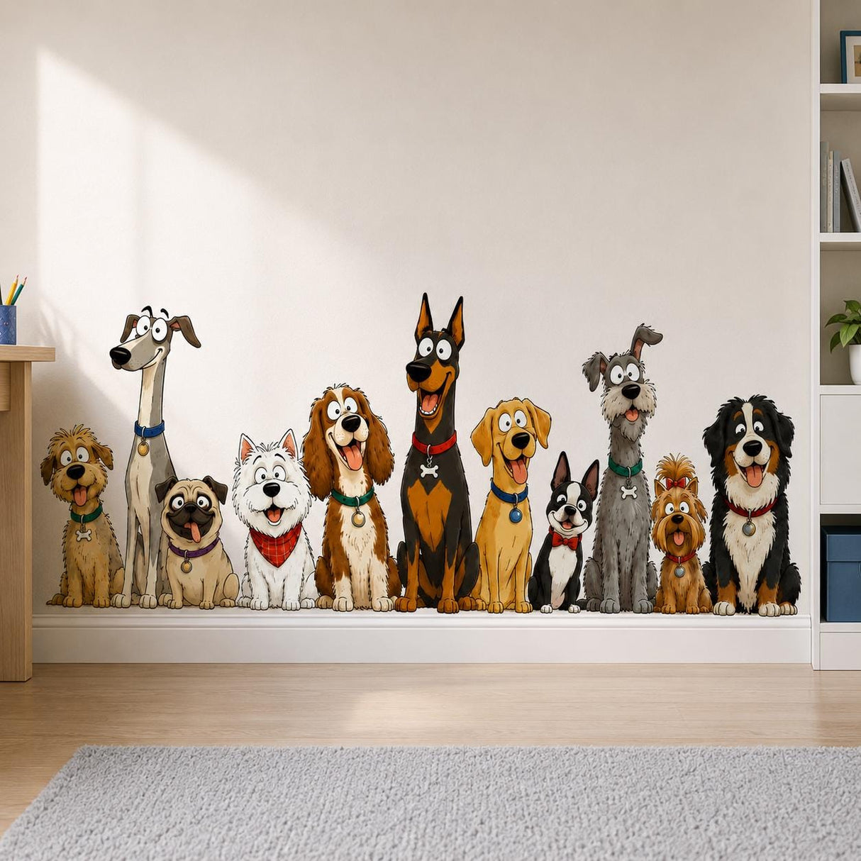 Funny Dog Group Wall Vinyl Decal | Cartoon Puppy Pack Sticker | Pet Lover Wall Art | Kids Room Playroom Decor | Dog Breeds Illustration
