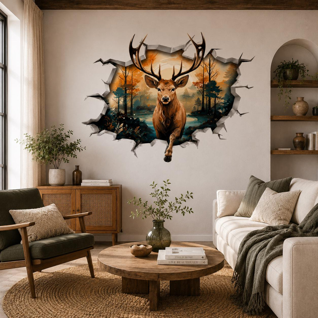 3D Deer Wall Vinyl Decal | Stag Broken Wall Illusion Sticker | Forest Wildlife Wall Art | Rustic Cabin Lodge Decor | Autumn Scene