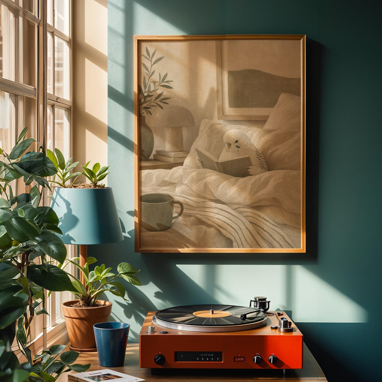 White Budgerigar Reading in Bed Poster | Modern Matte Gouache Bird Wall Art | Warm Beige Oat Milk Decor | Cozy Minimalist Bedroom Print