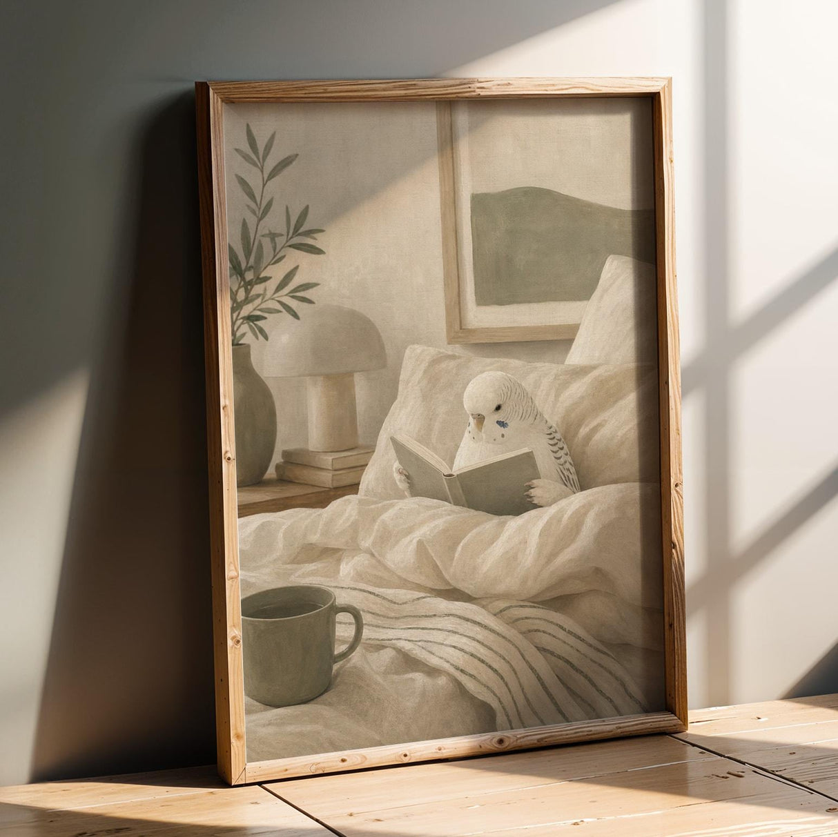 White Budgerigar Reading in Bed Poster | Modern Matte Gouache Bird Wall Art | Warm Beige Oat Milk Decor | Cozy Minimalist Bedroom Print