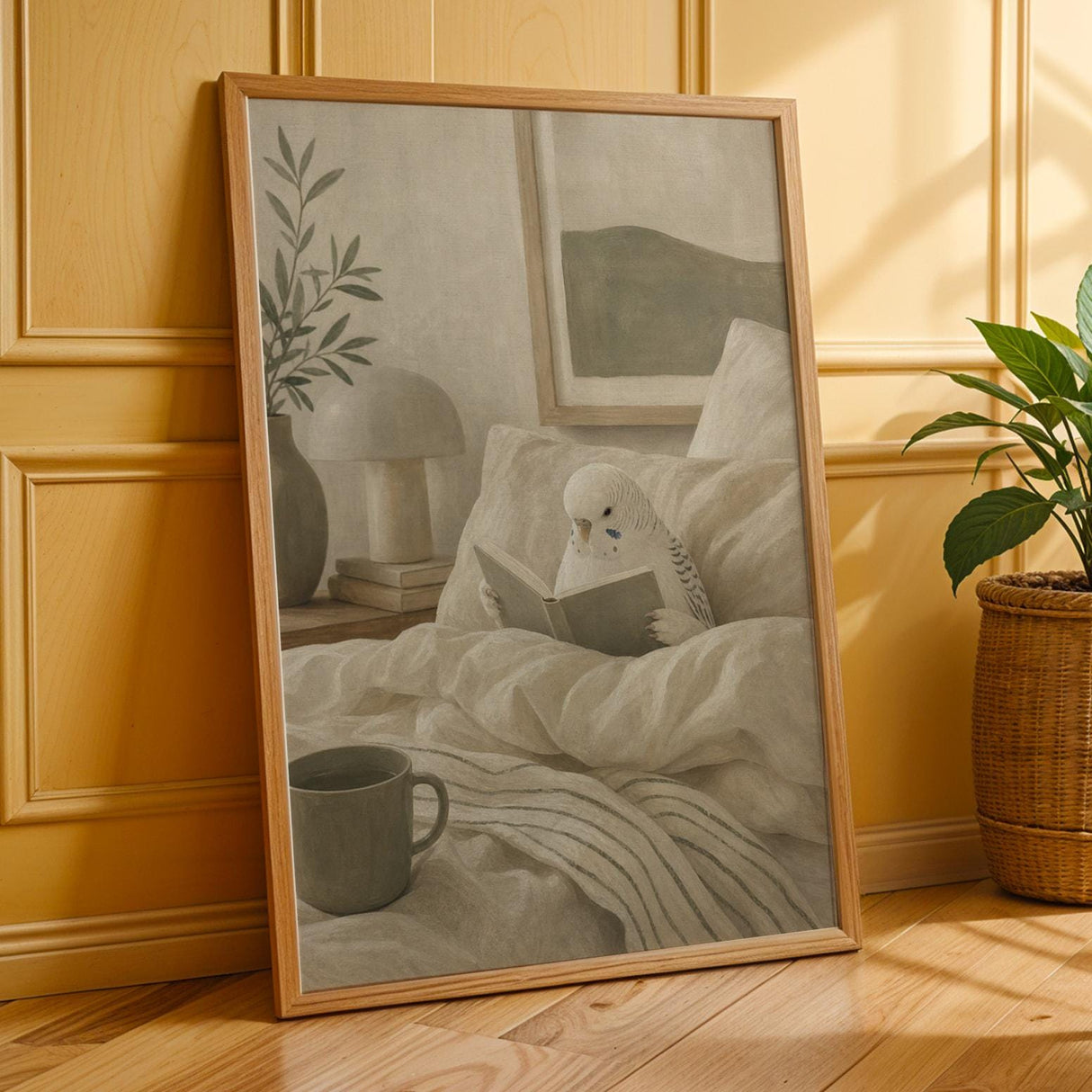 White Budgerigar Reading in Bed Poster | Modern Matte Gouache Bird Wall Art | Warm Beige Oat Milk Decor | Cozy Minimalist Bedroom Print
