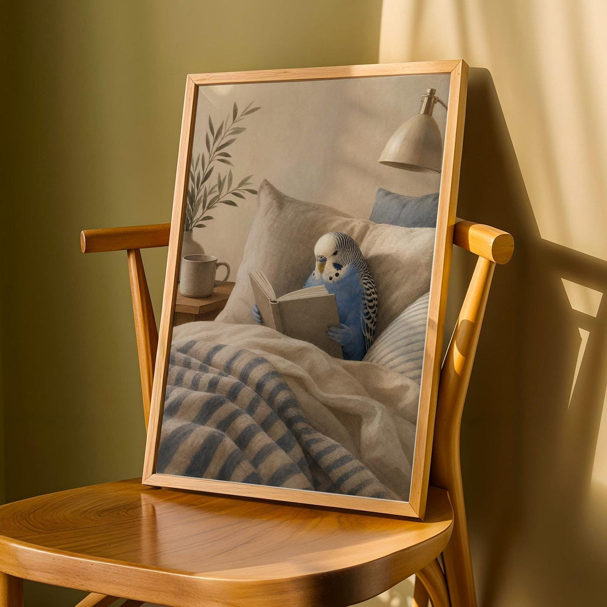 Cobalt Blue Budgerigar Reading in Bed Poster | Modern Gouache Bird Wall Art | Cobalt Blue Warm Beige Decor | Cozy Minimalist Bedroom Print