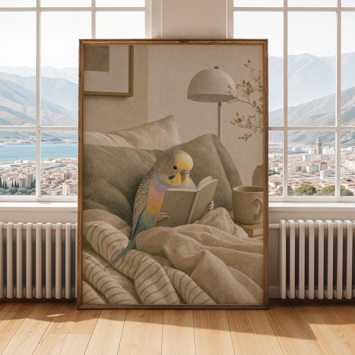 Rainbow Budgerigar Reading in Bed Poster | Modern Gouache Bird Wall Art | Warm Beige Dusty Sage Decor | Cozy Minimalist Bedroom Print