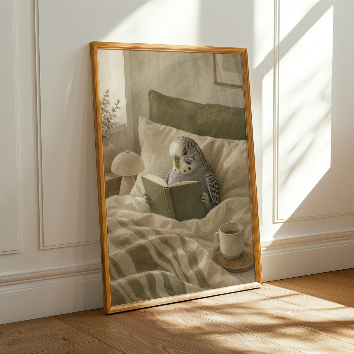 Grey Budgerigar Reading in Bed Poster | Modern Soft Gouache Bird Wall Art | Warm Beige Dusty Sage Decor | Cozy Minimalist Bedroom Print