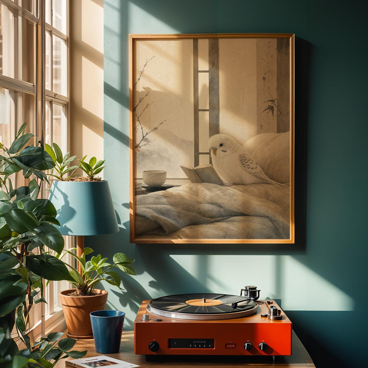 White Budgerigar Reading in Bed Poster | Japanese Zen Sumi-e Bird Wall Art | Warm Ivory Fog Gray Decor | Minimalist Bedroom Print