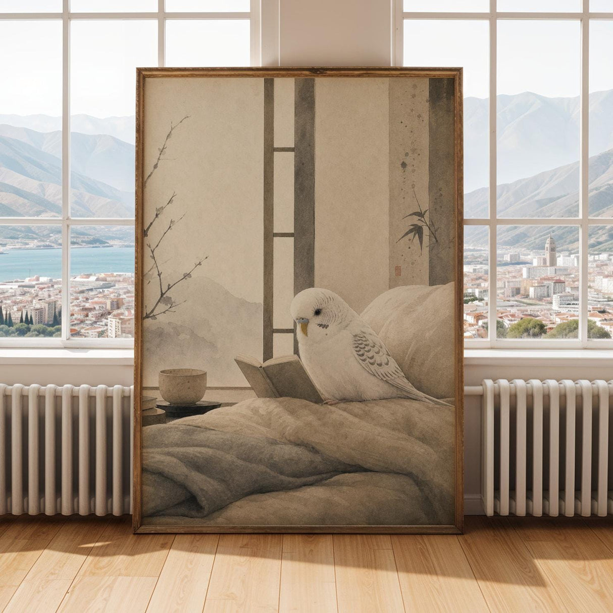 White Budgerigar Reading in Bed Poster | Japanese Zen Sumi-e Bird Wall Art | Warm Ivory Fog Gray Decor | Minimalist Bedroom Print
