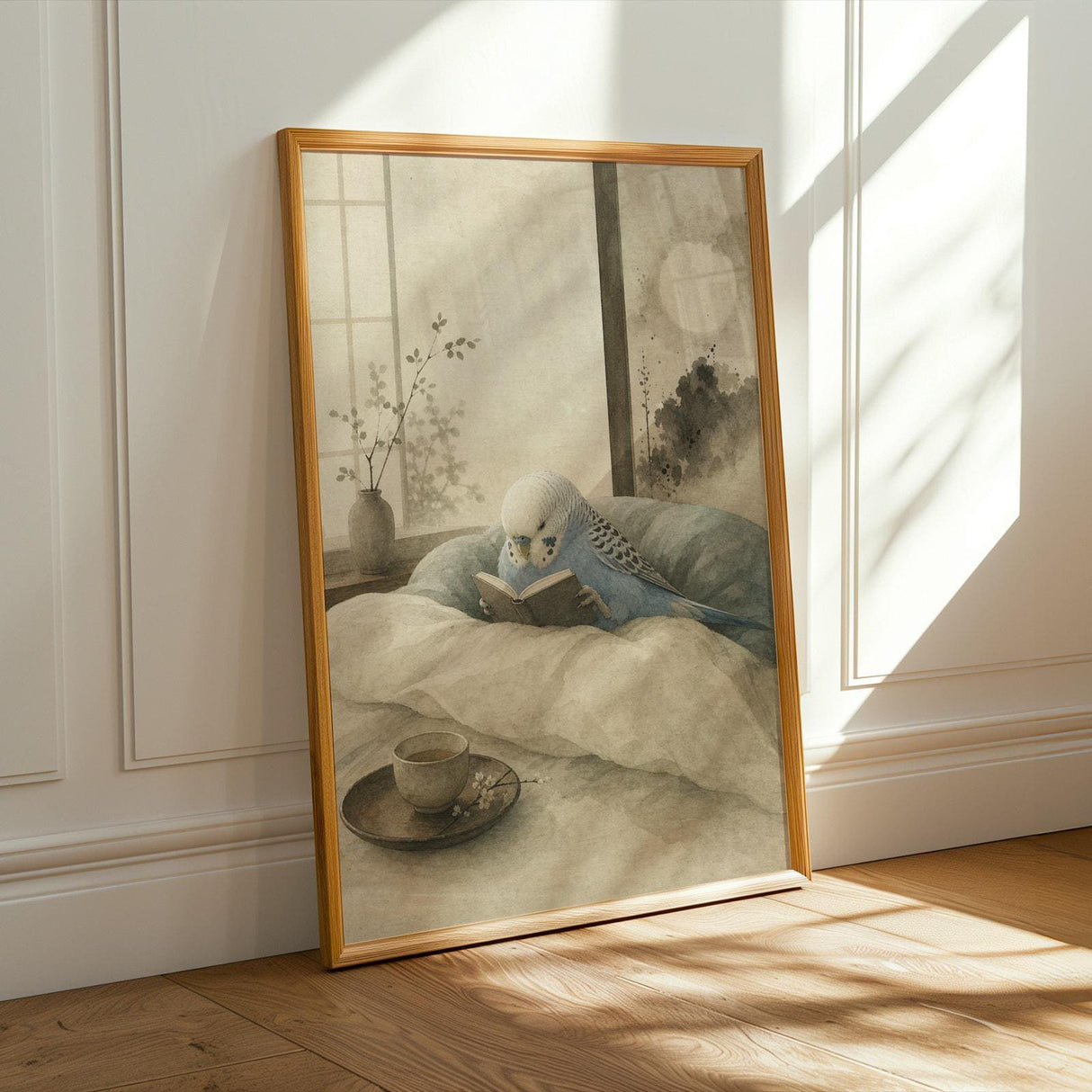 Sky Blue Budgerigar Reading in Bed Poster | Japanese Zen Ink Wash Bird Wall Art | Teal Warm Ivory Decor | Minimalist Bedroom Print