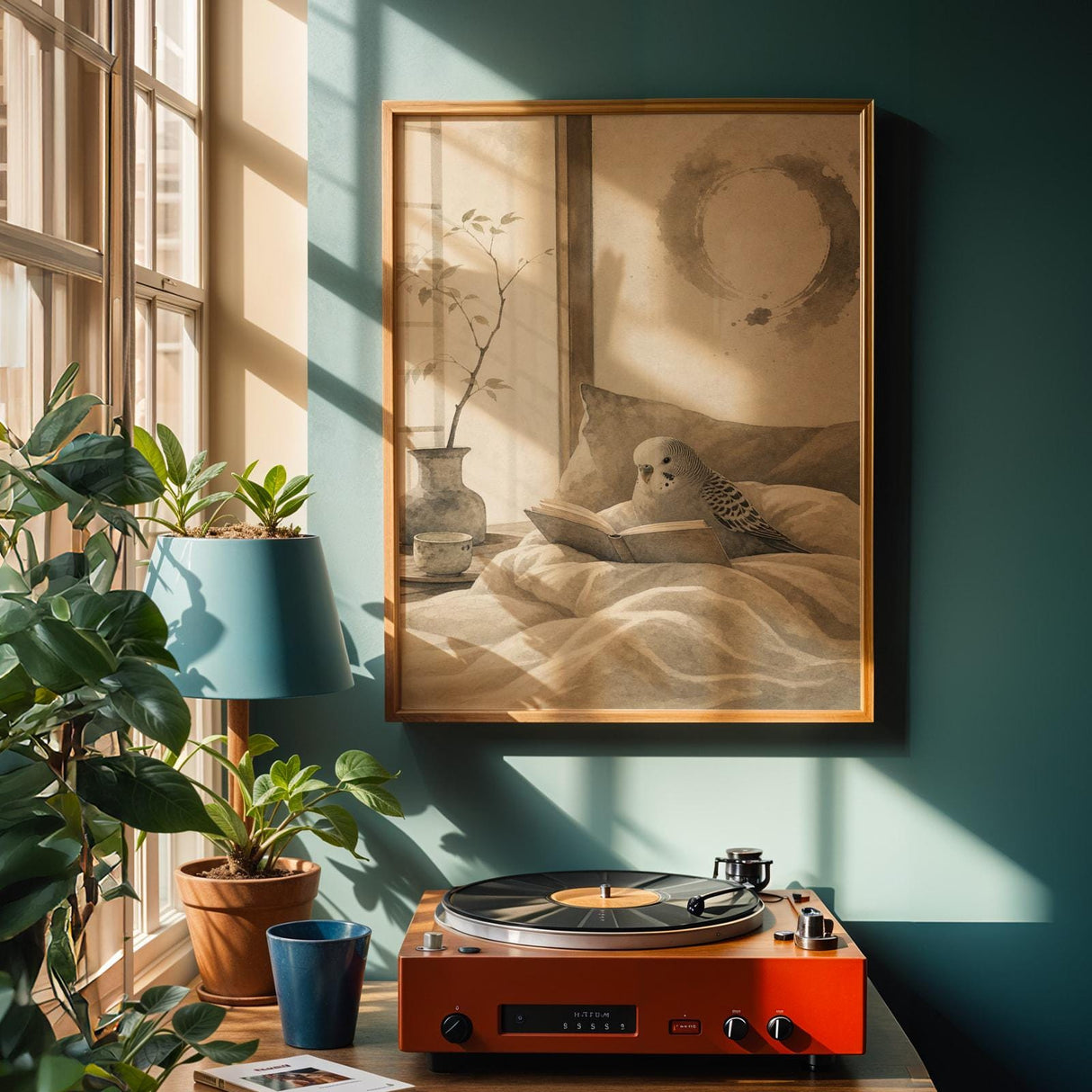Budgerigar Reading in Bed Poster | Japanese Zen Ink Wash Bird Wall Art | Warm Ivory Fog Gray Decor | Minimalist Bedroom Print