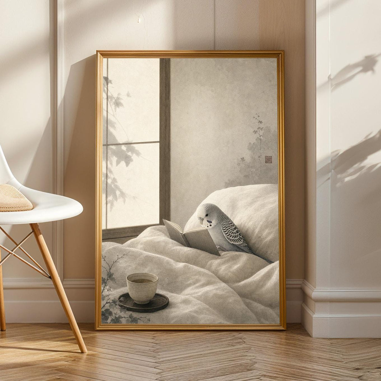 Silver Budgerigar Reading in Bed Poster | Japanese Zen Sumi-e Bird Wall Art | Warm Ivory Fog Gray Decor | Minimalist Bedroom Print