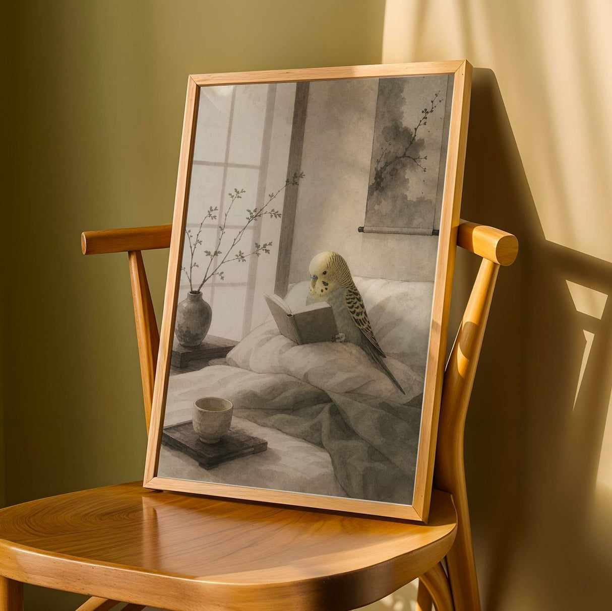 Yellowface Budgerigar Reading in Bed Poster | Japanese Zen Sumi-e Bird Wall Art | Warm Ivory Fog Gray Decor | Minimalist Bedroom Print