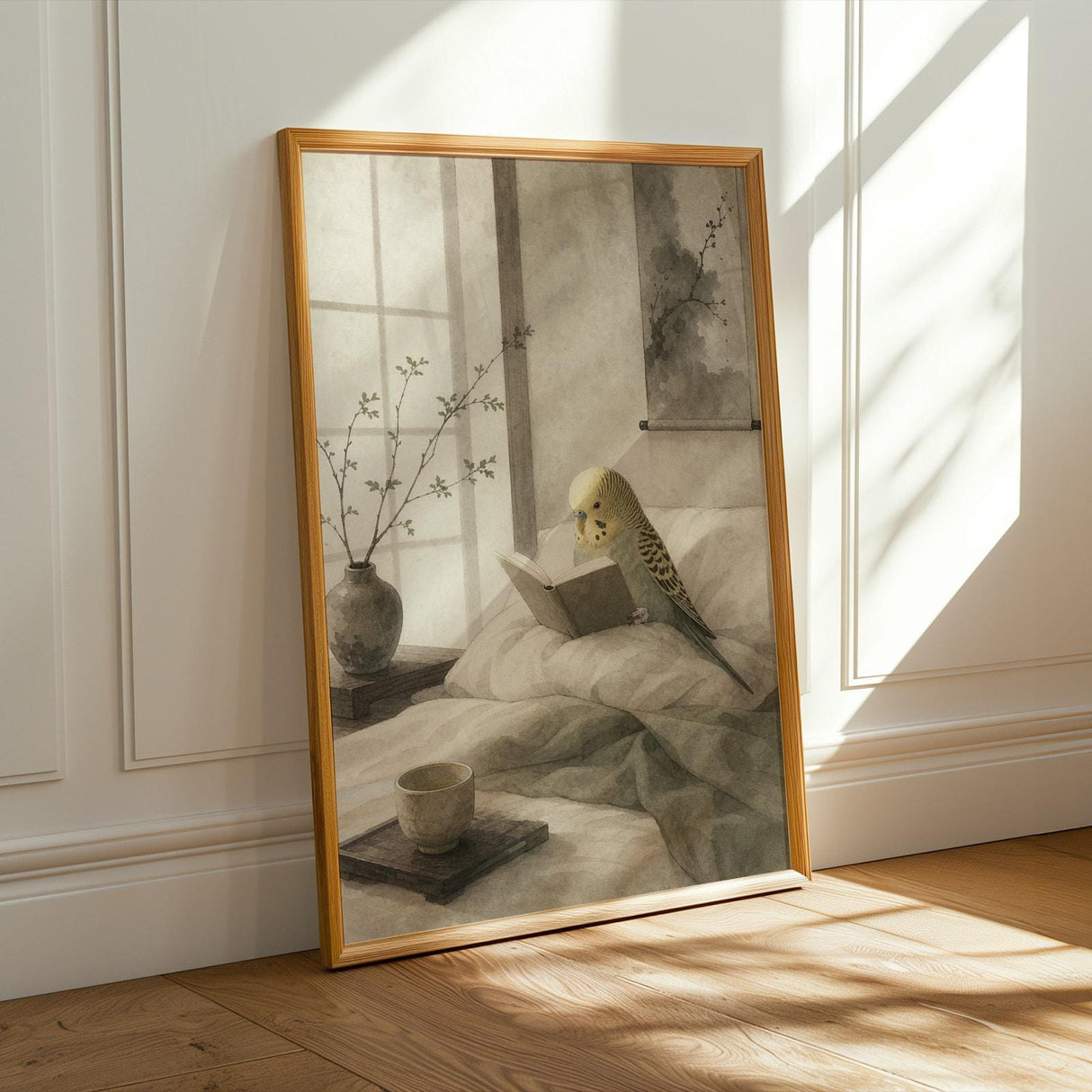 Yellowface Budgerigar Reading in Bed Poster | Japanese Zen Sumi-e Bird Wall Art | Warm Ivory Fog Gray Decor | Minimalist Bedroom Print