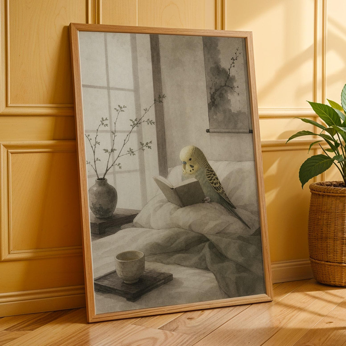 Yellowface Budgerigar Reading in Bed Poster | Japanese Zen Sumi-e Bird Wall Art | Warm Ivory Fog Gray Decor | Minimalist Bedroom Print