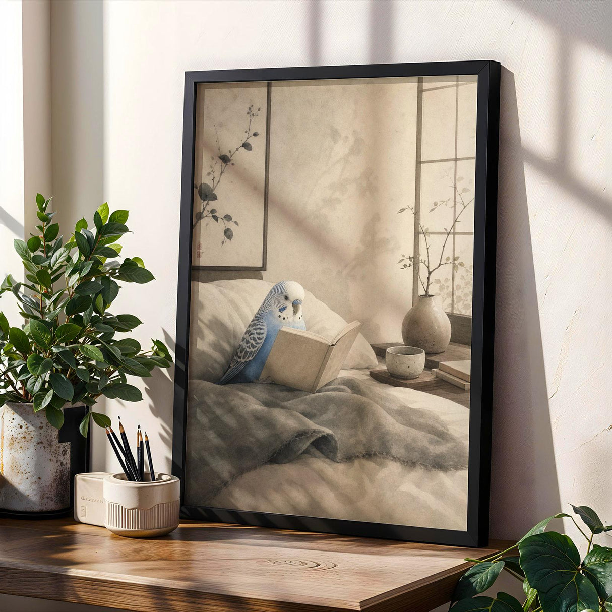 Pastel Blue Budgerigar Reading in Bed Poster | Japanese Zen Sumi-e Bird Wall Art | Periwinkle Blue Warm Ivory Decor | Bedroom Print