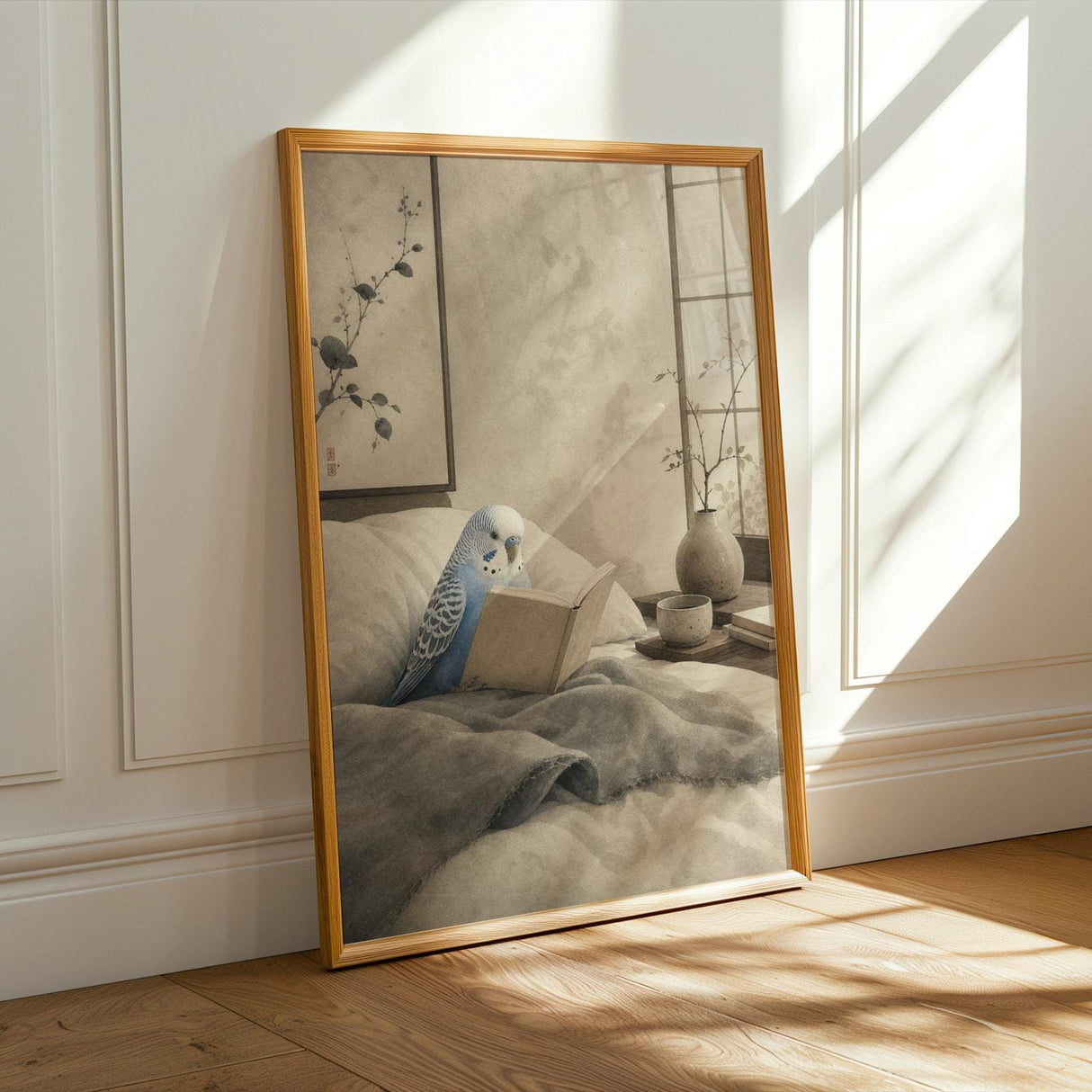 Pastel Blue Budgerigar Reading in Bed Poster | Japanese Zen Sumi-e Bird Wall Art | Periwinkle Blue Warm Ivory Decor | Bedroom Print
