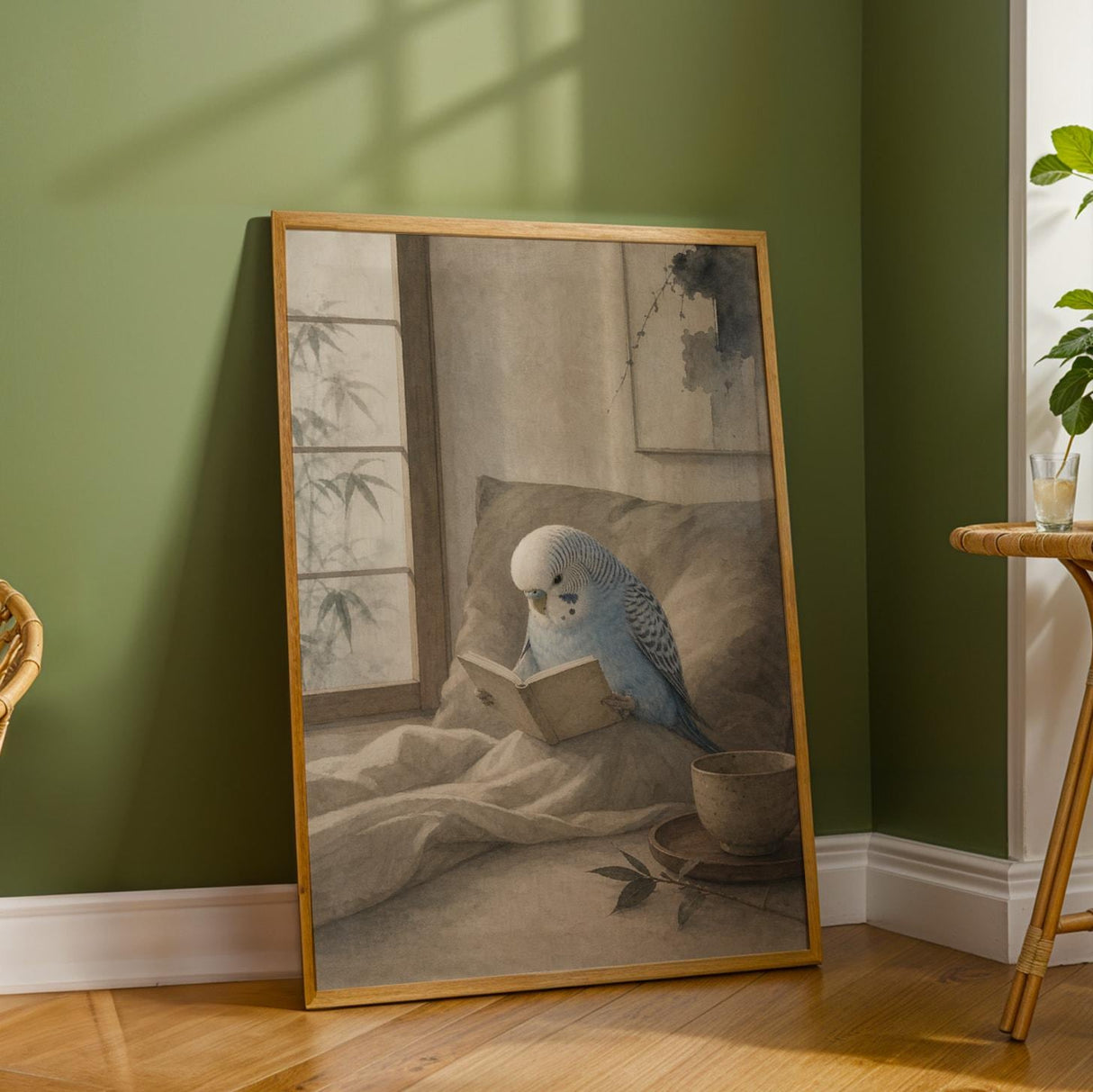 Light Blue Budgerigar Reading in Bed Poster | Japanese Zen Watercolor Bird Wall Art | Fog Gray Ivory Decor | Minimalist Bedroom Print
