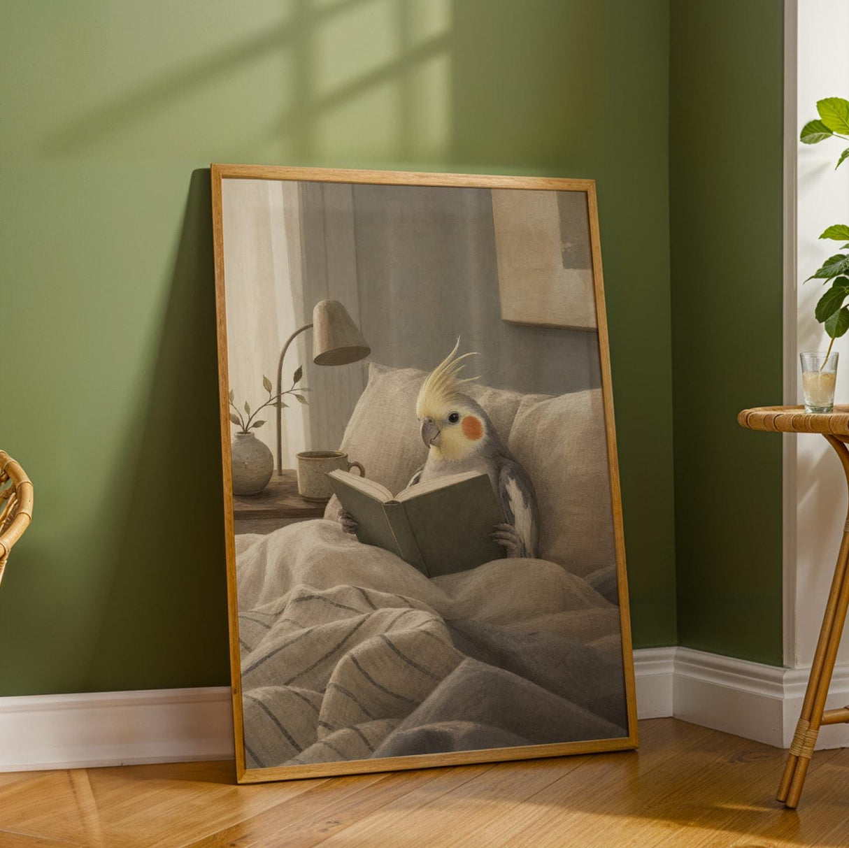 Cockatiel Reading in Bed Poster | Scandinavian Gouache Bird Wall Art | Warm Beige Blue Gray Decor | Cozy Minimalist Bedroom Print