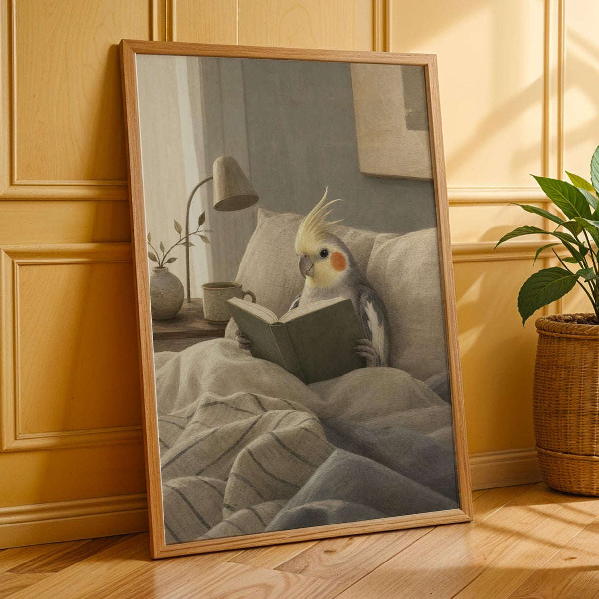 Cockatiel Reading in Bed Poster | Scandinavian Gouache Bird Wall Art | Warm Beige Blue Gray Decor | Cozy Minimalist Bedroom Print