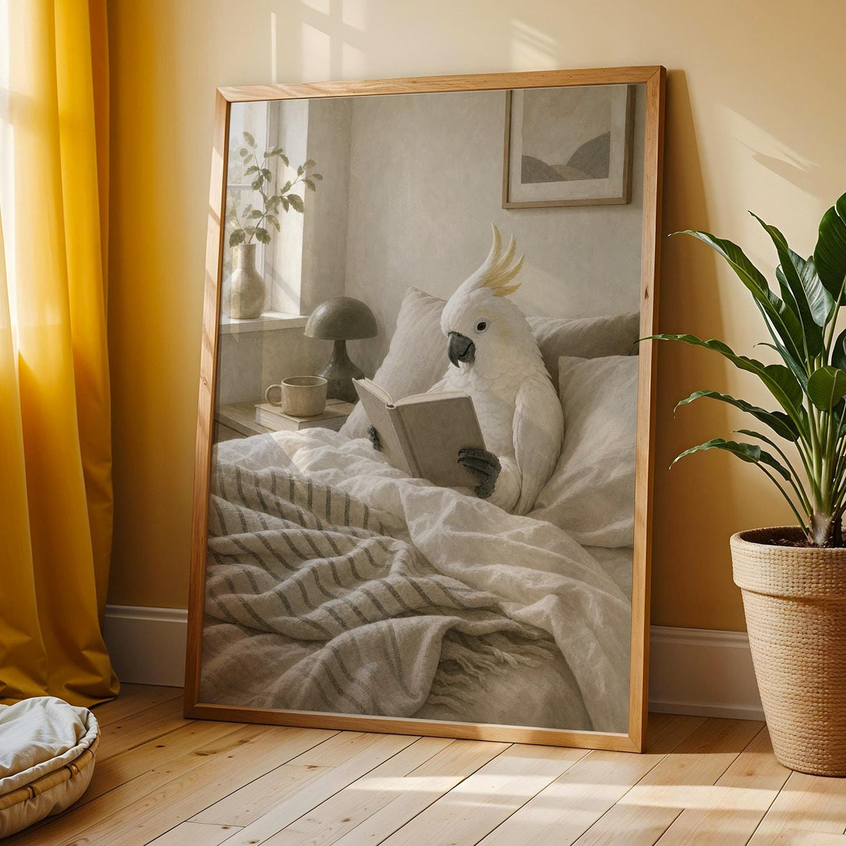 White Cockatoo Reading in Bed Poster | Scandinavian Gouache Bird Wall Art | Warm Beige Oat Milk Decor | Cozy Minimalist Bedroom Print
