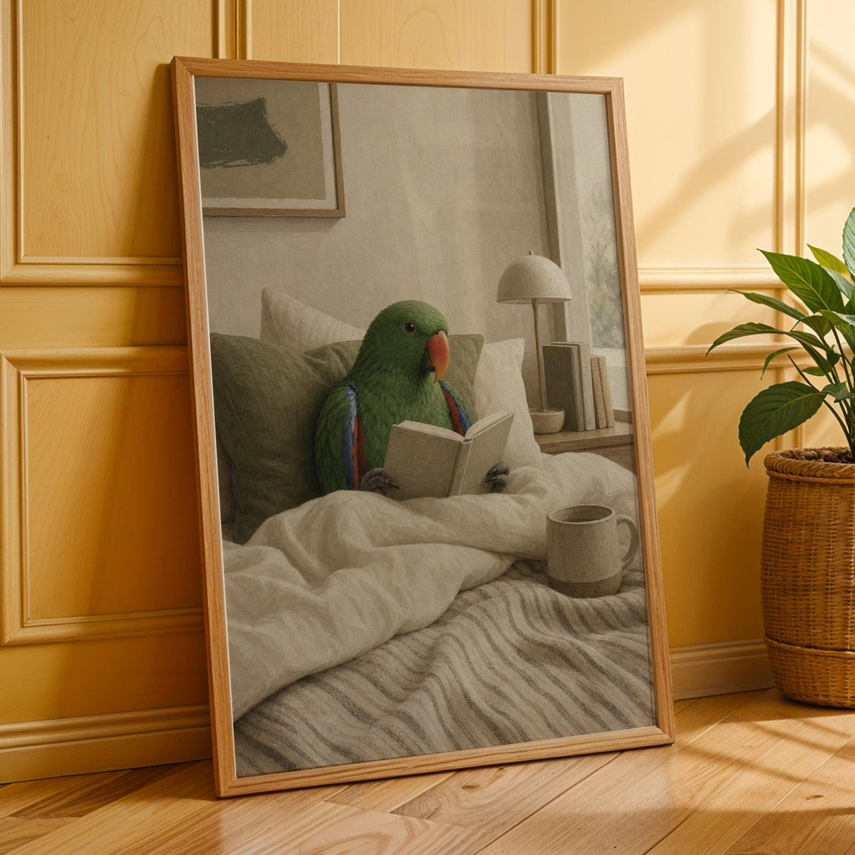 Silver Budgerigar Reading in Bed Poster | Japanese Zen Sumi-e Bird Wall Art | Warm Ivory Fog Gray Decor | Minimalist Bedroom Print