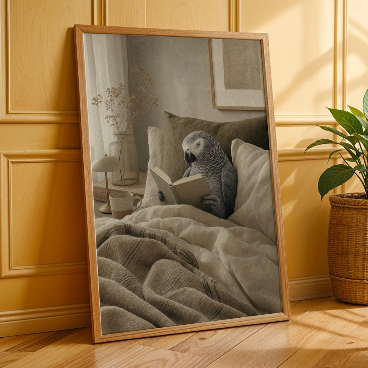 African Grey Parrot Reading in Bed Poster | Modern Soft Gouache Bird Wall Art | Warm Beige Oat Milk Decor | Cozy Minimalist Bedroom Print