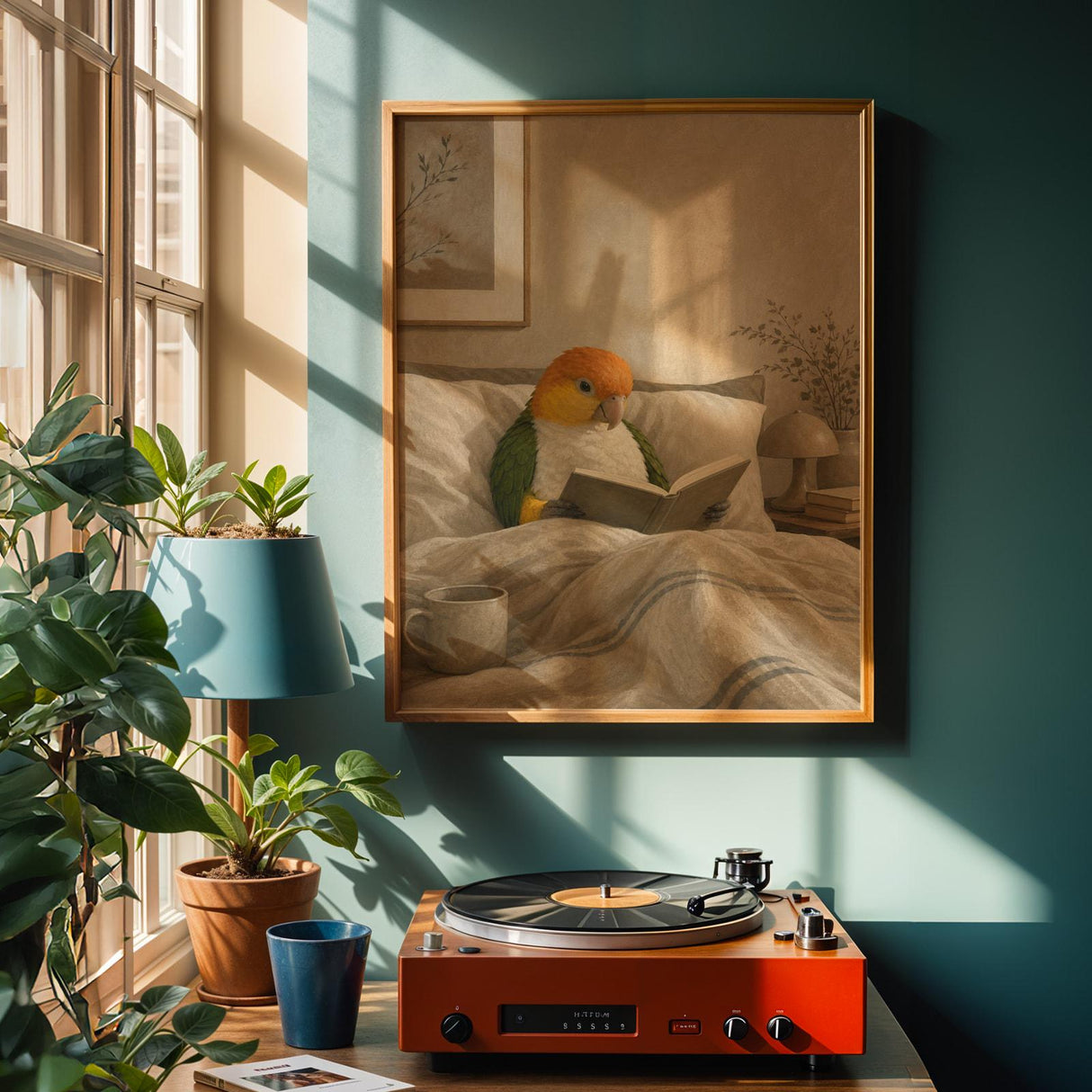White Bellied Caique Reading in Bed Poster | Modern Gouache Bird Wall Art | Warm Beige Oat Milk Decor | Cozy Minimalist Bedroom Print