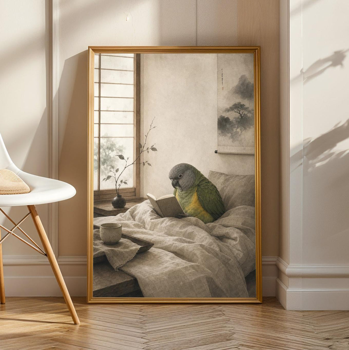 Senegal Parrot Reading in Bed Poster | Japanese Zen Ink Wash Bird Wall Art | Warm Ivory Fog Gray Decor | Minimalist Bedroom Print