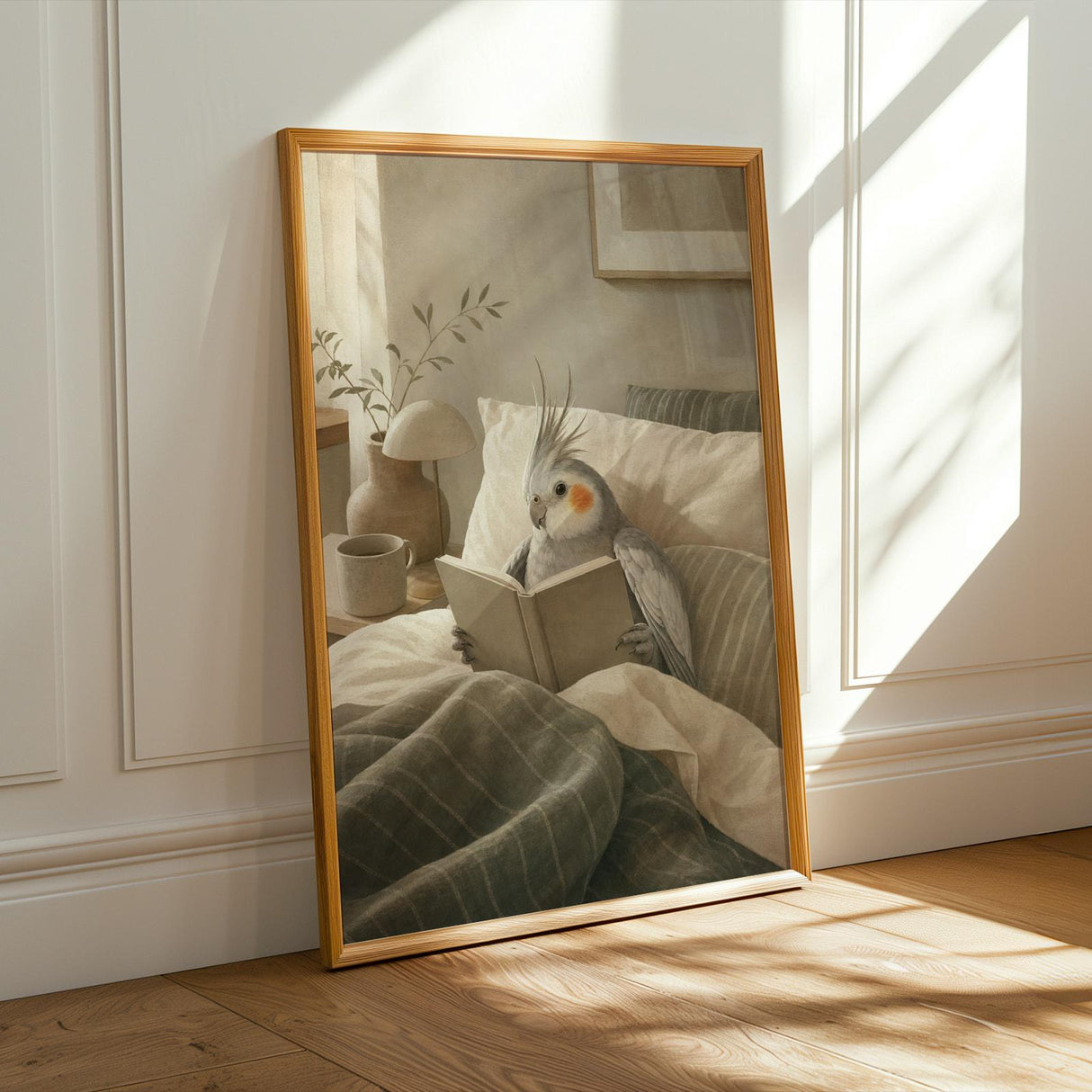 Silver Cockatiel Reading in Bed Poster | Scandinavian Gouache Bird Wall Art | Warm Beige Oat Milk Decor | Cozy Minimalist Bedroom Print