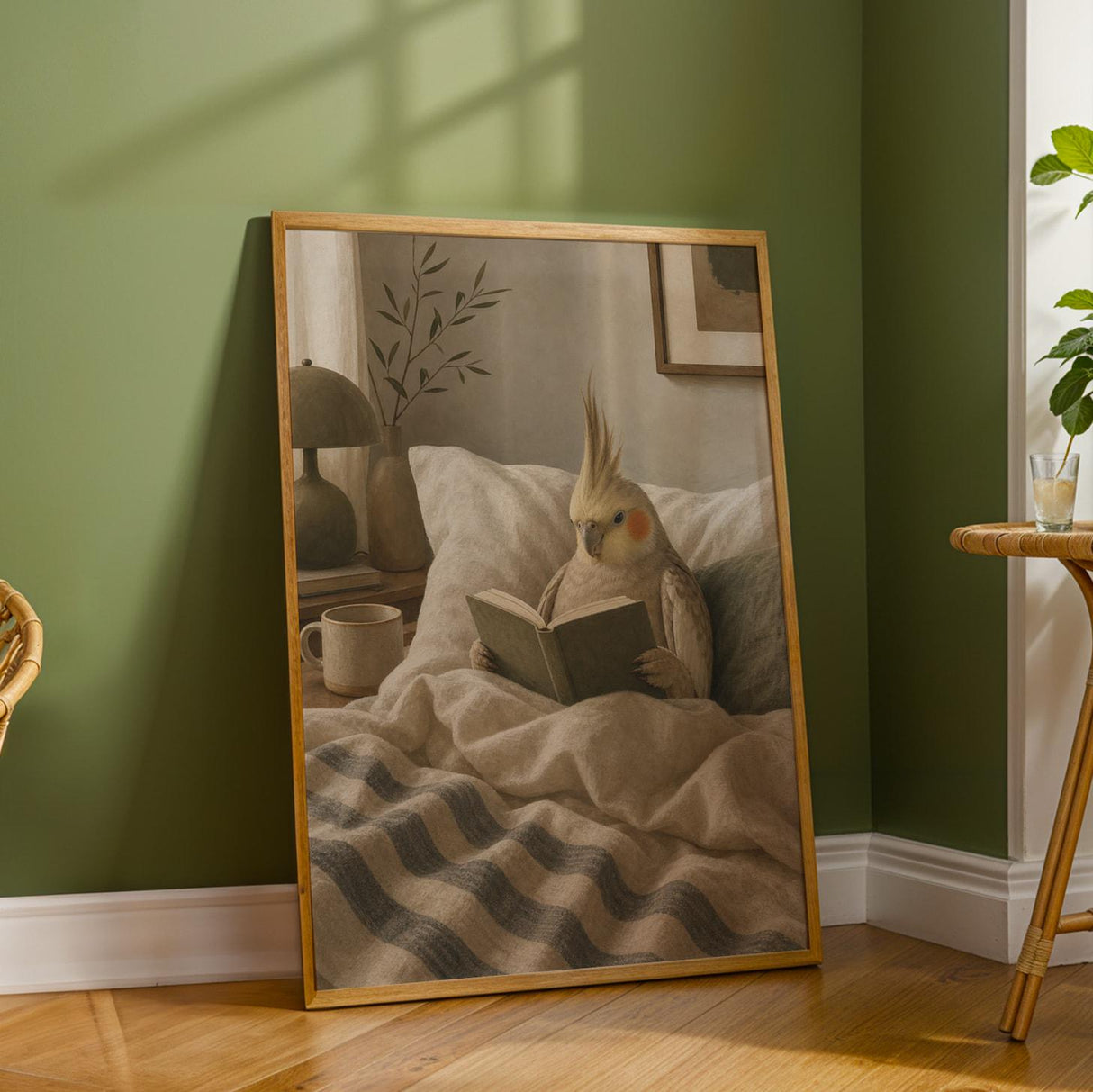 Cinnamon Cockatiel Reading in Bed Poster | Scandinavian Gouache Bird Wall Art | Warm Beige Ivory Decor | Cozy Minimalist Bedroom Print