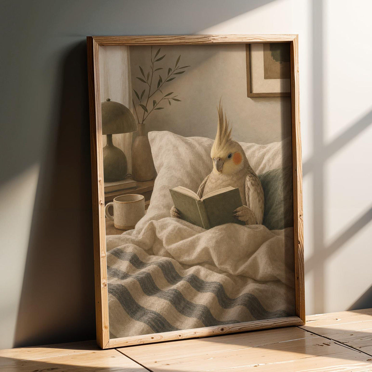 Cinnamon Cockatiel Reading in Bed Poster | Scandinavian Gouache Bird Wall Art | Warm Beige Ivory Decor | Cozy Minimalist Bedroom Print