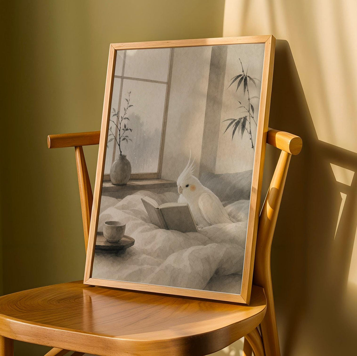 Albino Cockatiel Reading in Bed Poster | Japanese Zen Sumi-e Bird Wall Art | Warm Ivory Fog Gray Decor | Minimalist Bedroom Print