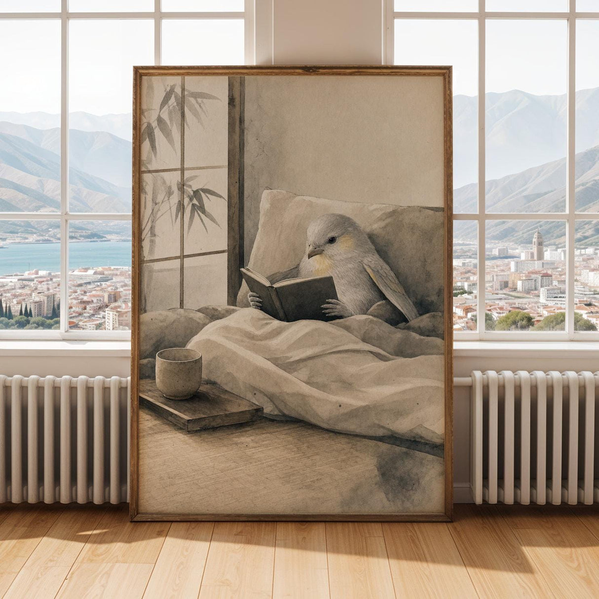 Silver Lizard Canary Reading in Bed Poster | Japanese Zen Sumi-e Bird Wall Art | Warm Ivory Fog Gray Decor | Minimalist Bedroom Print