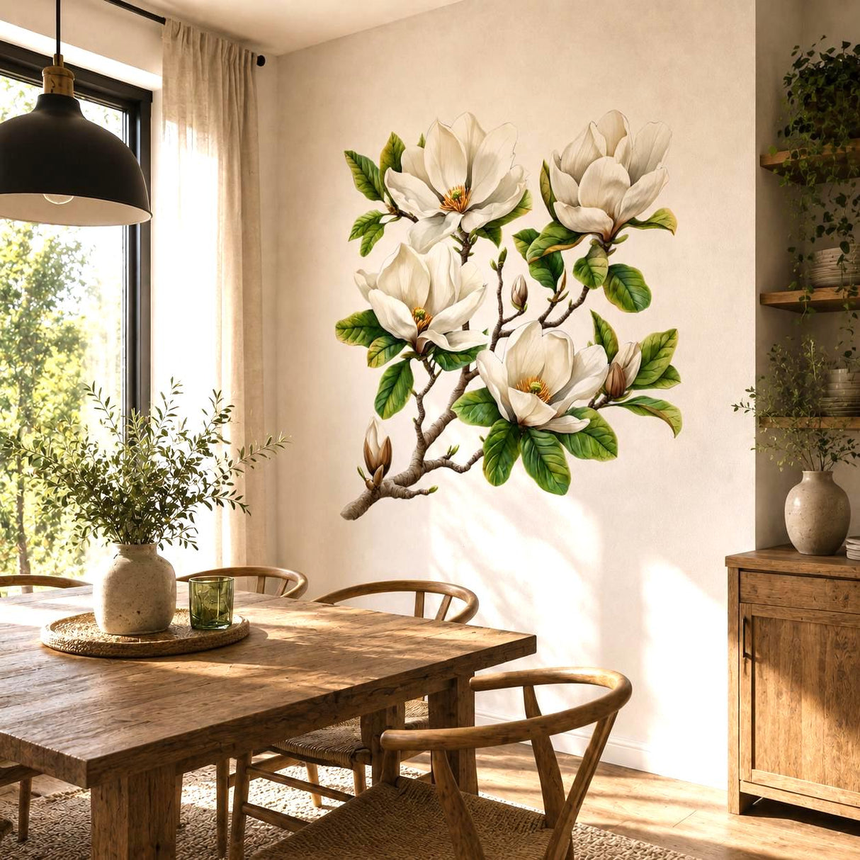 White Magnolia Branch Wall Vinyl Decal | Watercolor Floral Sticker | Botanical Wall Art | Farmhouse Cottage Bedroom Living Room Decor