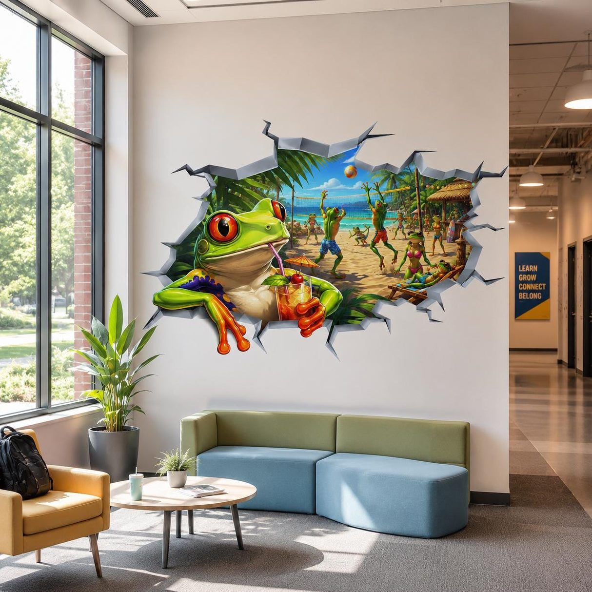Weird Frog Beach Wall Vinyl Decal | 3D Broken Wall Illusion Sticker | Funny Tropical Volleyball Scene | Gamer Teen Room Decor