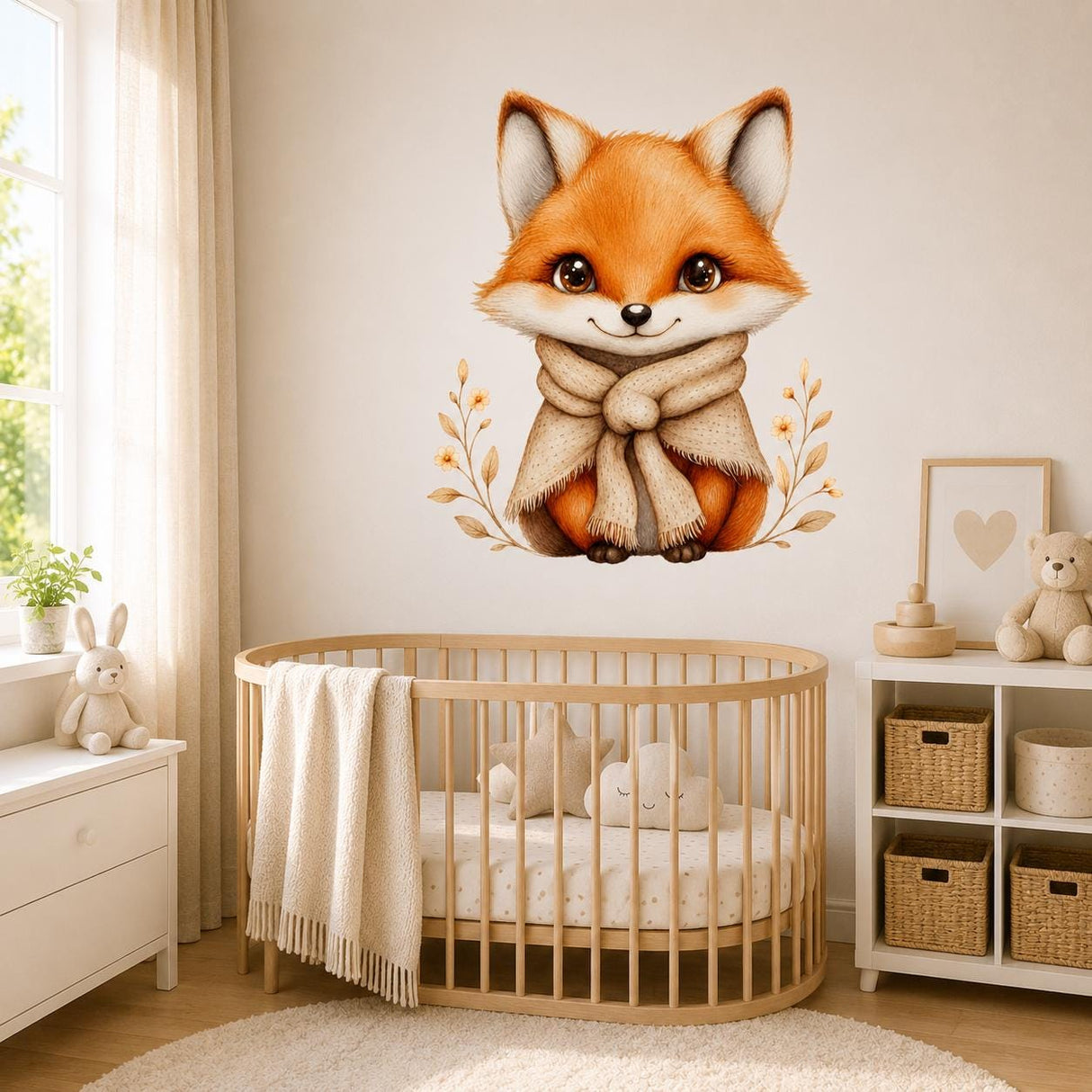 Cute Fox Wall Vinyl Decal | Watercolor Baby Fox Sticker With Scarf | Woodland Nursery Wall Art | Kids Room Cottage Boho Decor