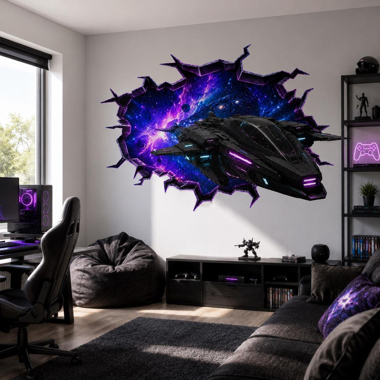 Spaceship Wall Vinyl Decal | Neon Galaxy Broken Wall Illusion Sticker | Sci Fi Space Fighter Wall Art | Gamer Teen Room Decor