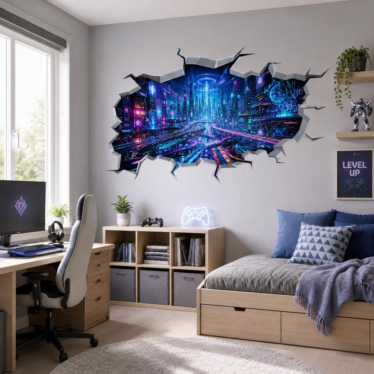 Cyberpunk City Wall Vinyl Decal | Neon Futuristic Broken Wall Illusion Sticker | Gamer Room LED Wall Art | Sci Fi Bedroom Decor