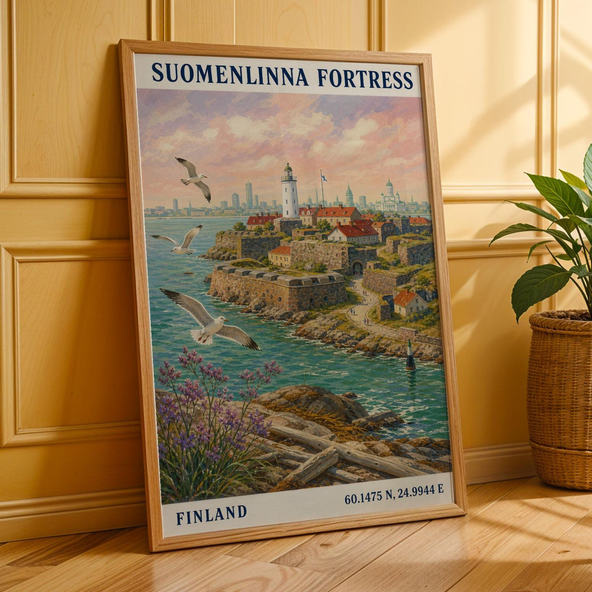 Suomenlinna Fortress Art Print - Modern Gouache, Teal and Turquoise Seascape
