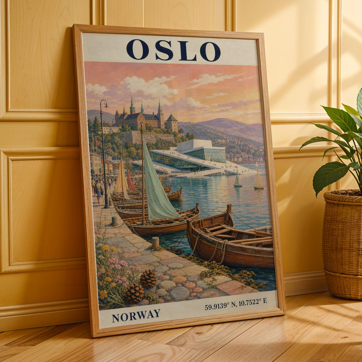Oslo Harbor Travel Poster | Vintage Norway Wall Art Print | Navy Blue Cream Sailboat Cityscape | Scandinavian Coastal Decor | Travel Gift