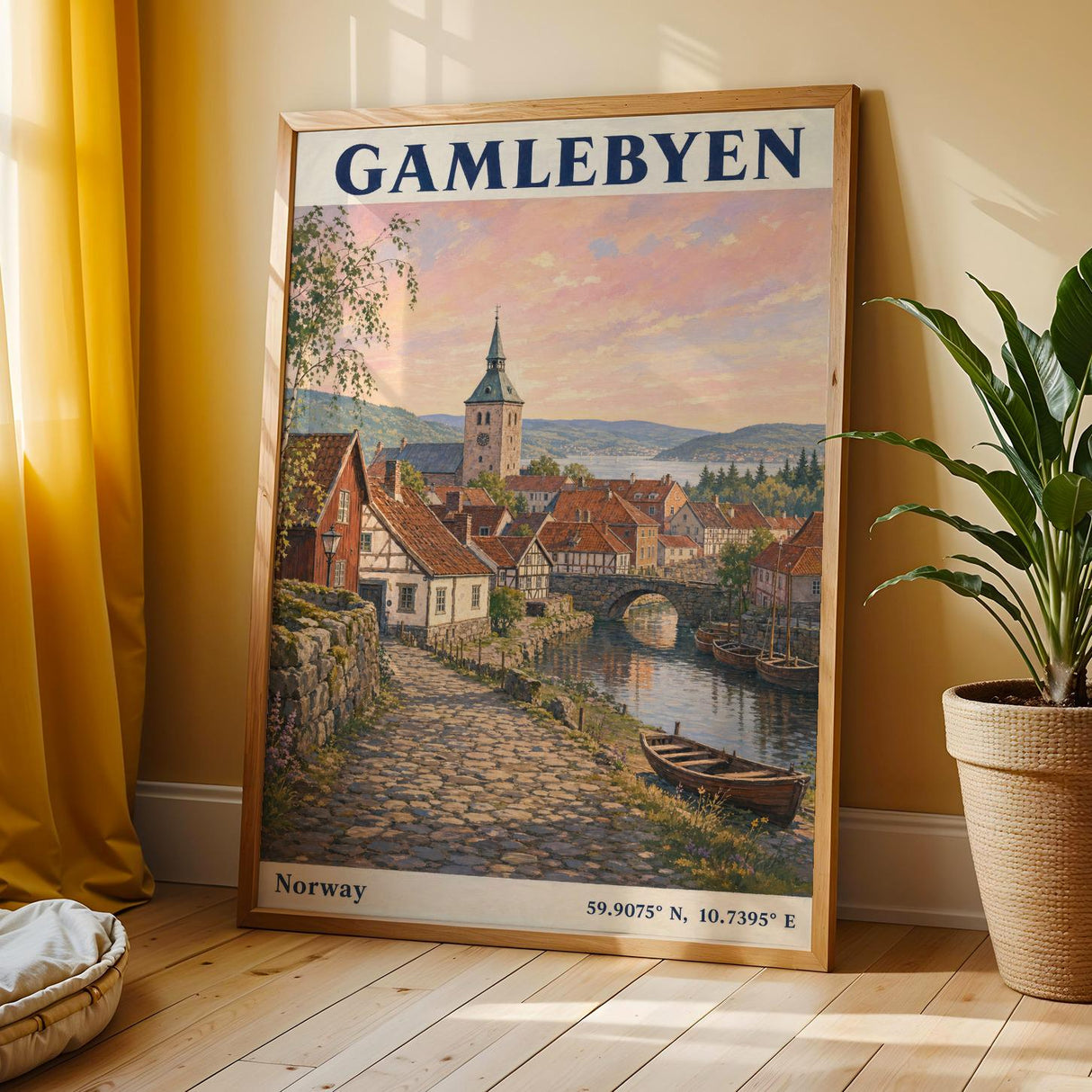 Gamlebyen Oslo Travel Poster | Vintage Norway Wall Art Print | Peach Blue River Cityscape | Church Tower Terracotta Roofs Decor