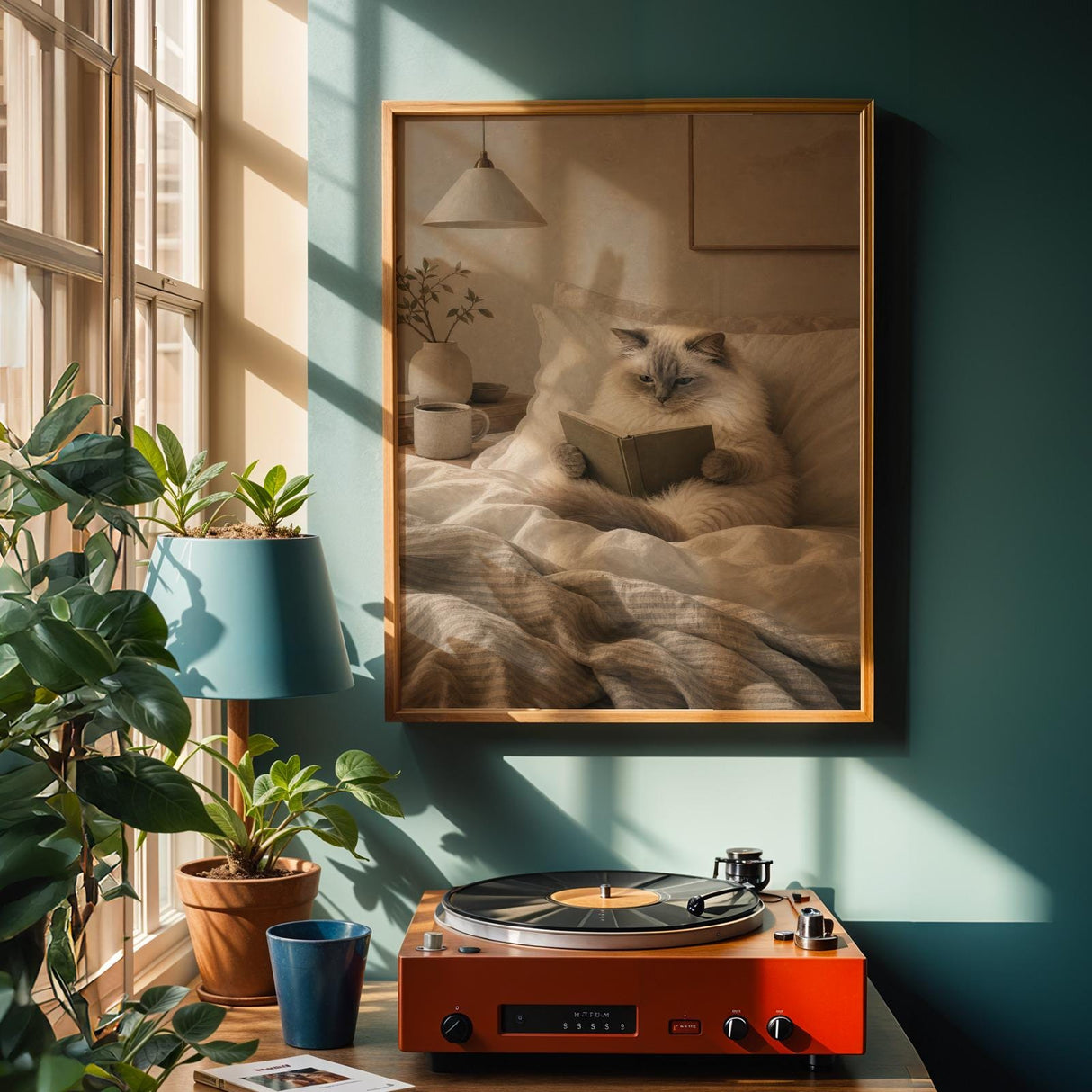 Ragdoll Cat Reading in Bed Poster | Modern Gouache Cat Wall Art | Warm Beige Oat Milk Decor | Cozy Minimalist Bedroom Print | Cat Lover Gift