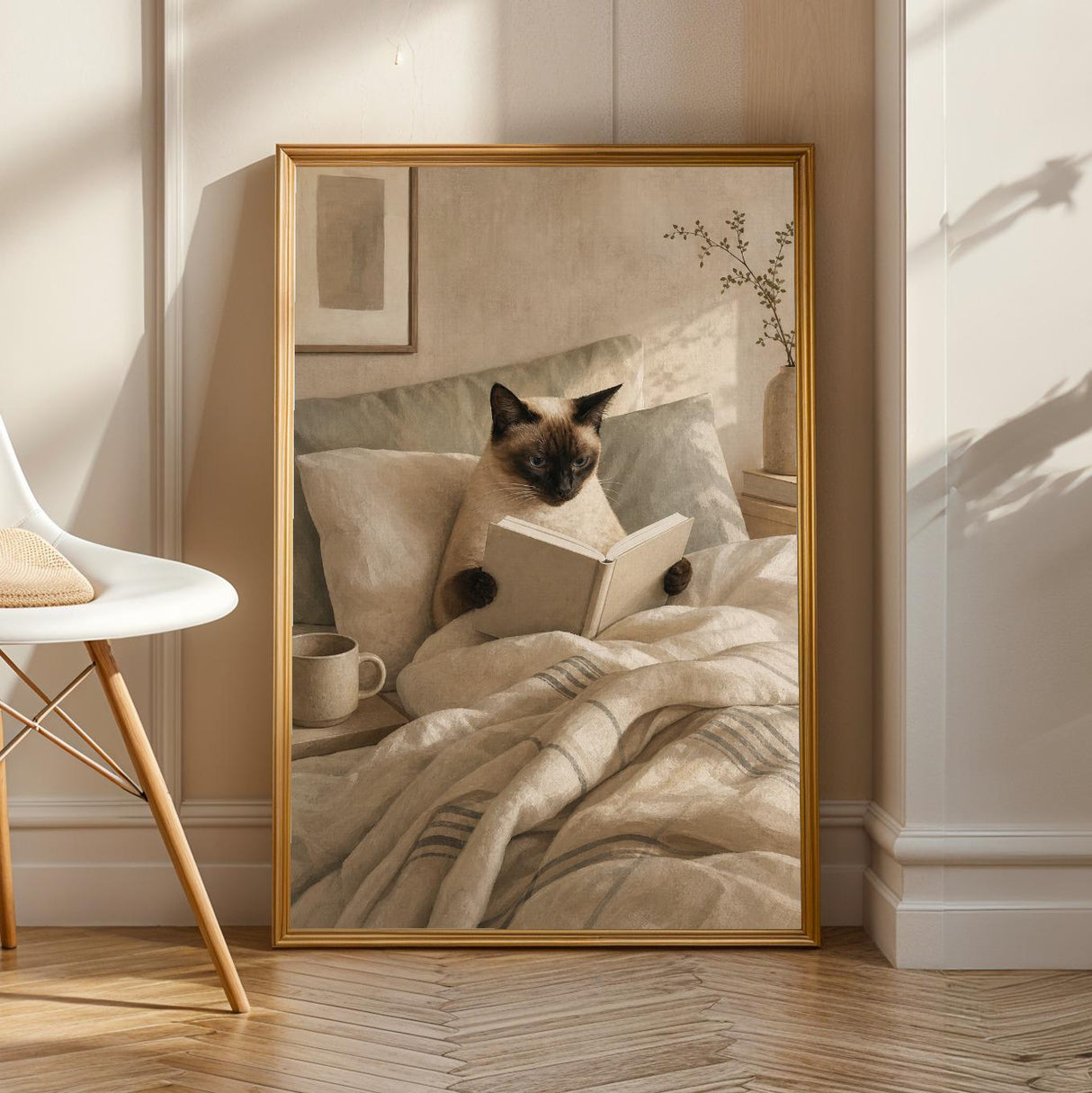 Siamese Cat Reading in Bed Poster | Scandinavian Gouache Cat Wall Art | Beige Ivory Nordic Decor | Cozy Minimalist Bedroom Print