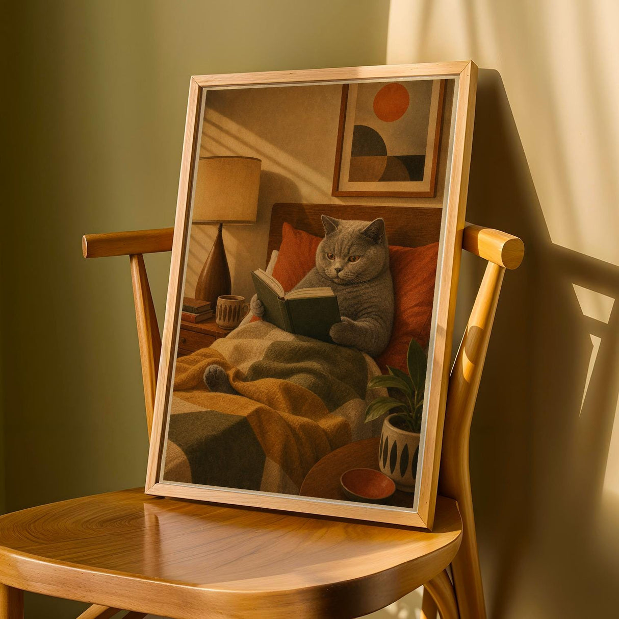 British Shorthair Reading in Armchair Poster | Retro Modern Cat Wall Art | Yellow Burnt Orange Decor | Cozy Mid Century Living Room Print