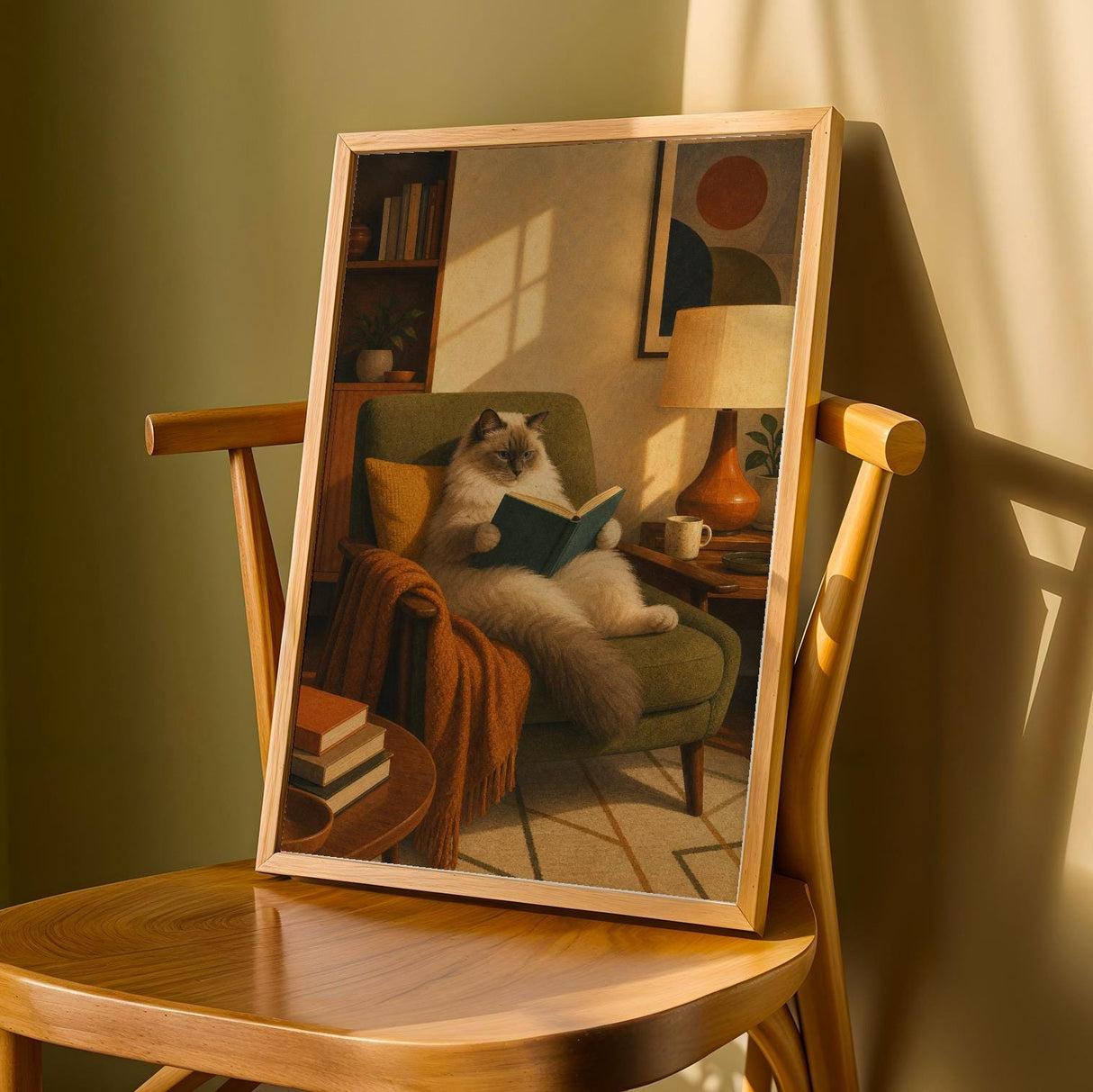 Ragdoll Cat Reading in Armchair Poster | Retro Painterly Cat Wall Art | Olive Green Burnt Orange Decor | Cozy Mid Century Living Room Print
