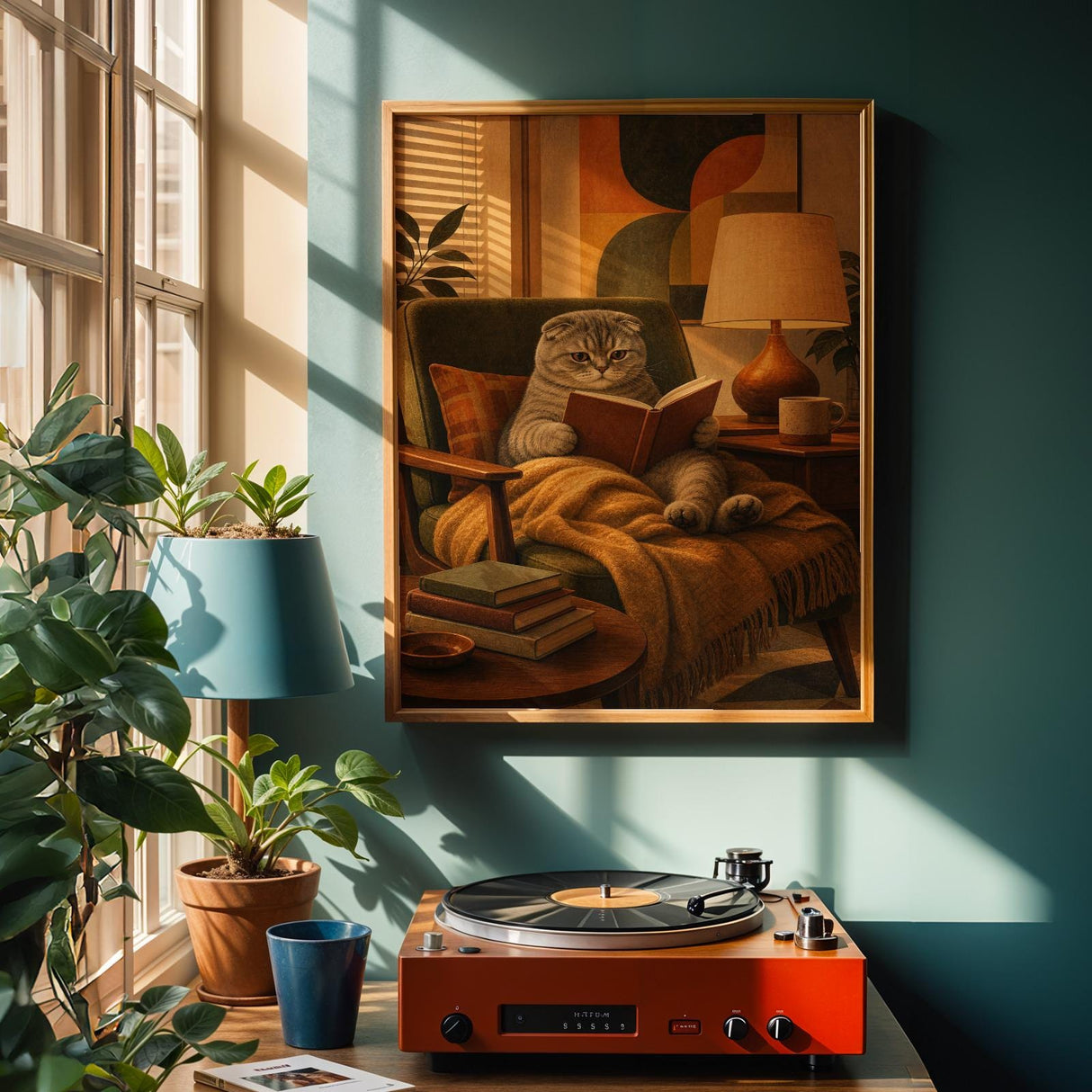 Scottish Fold Cat Reading in Armchair Poster | Mid Century Modern Cat Wall Art Decor | Cozy Retro Living Room Print | Cat Lover Gift